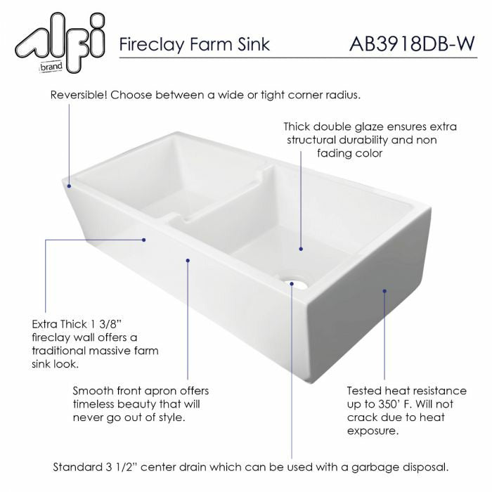ALFI 39" Smooth Thick Wall Fireclay Double Bowl Farm Sink - AB3918DB
