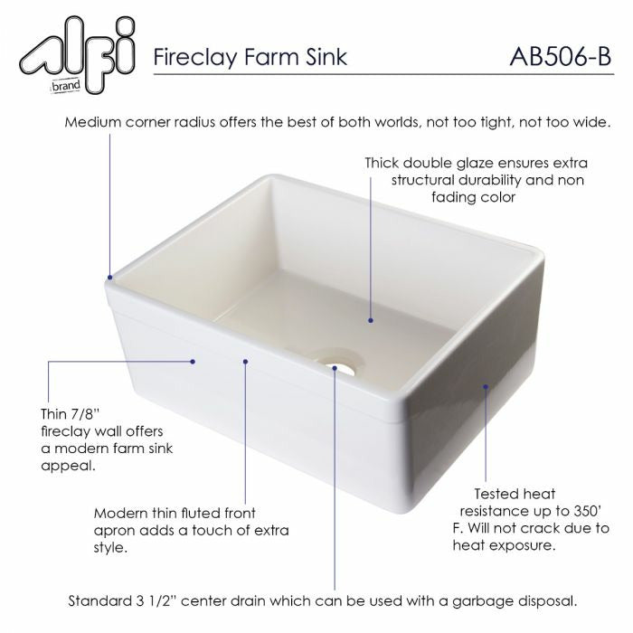 ALFI 26" Decorative Lip Single Bowl Fireclay Farmhouse Kitchen - AB506