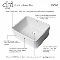 ALFI 20" White One Bowl Apron Fireclay Farmhouse Kitchen Sink - AB507