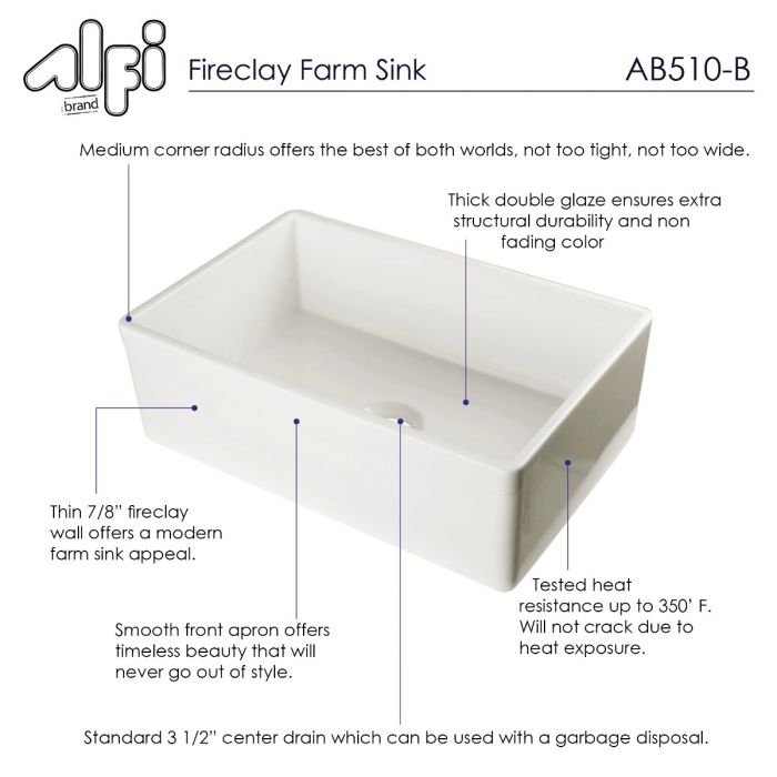 ALFI 30" Single Bowl Smooth Panel Fireclay Farmhouse Kitchen Sink - AB510