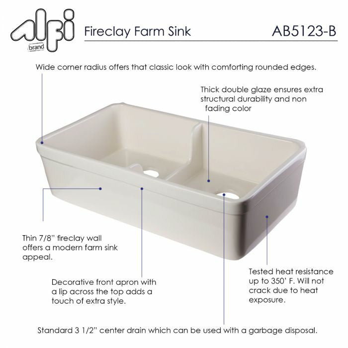 ALFI 32" Double Bowl Fireclay Farmhouse Apron Front Kitchen Sink - AB5123