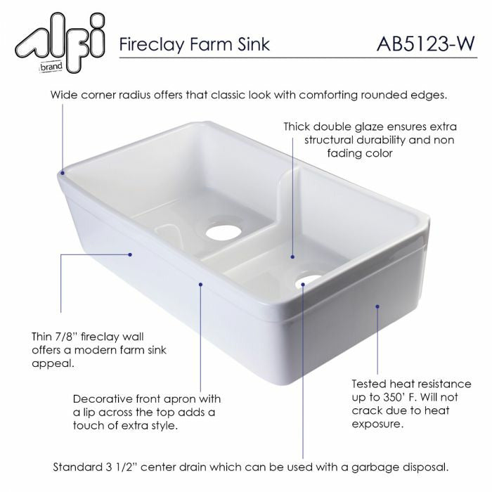 ALFI 32" Double Bowl Fireclay Farmhouse Apron Front Kitchen Sink - AB5123