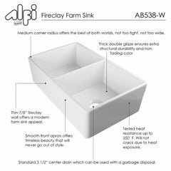ALFI 32" Double Bowl Smooth Fireclay Farmhouse Apron Kitchen Sink - AB538