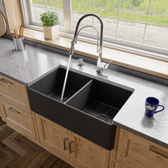 ALFI 33" x 18" Smooth Apron  Double Bowl Fireclay Farm Sink - ABF3318D