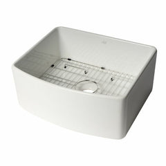 ALFI 24" x 20" White Smooth Curved Apron  Single Bowl Fireclay Farm Sink with Grid - ABFC2420-W