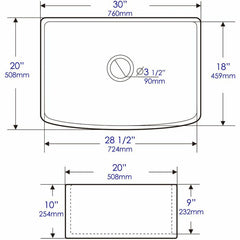 ALFI 30" x 20" White Smooth Curved Apron  Single Bowl Fireclay Farm Sink with Grid - ABFC3020-W