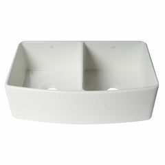 ALFI 33" x 20" White Smooth Curved Apron  Double Bowl Fireclay Farm Sink with Grid - ABFC3320D-W