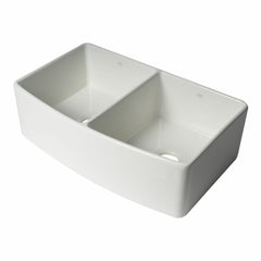 ALFI 33" x 20" White Smooth Curved Apron  Double Bowl Fireclay Farm Sink with Grid - ABFC3320D-W