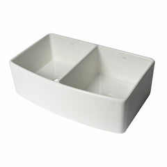 ALFI 33" x 20" White Smooth Curved Apron  Double Bowl Fireclay Farm Sink with Grid - ABFC3320D-W