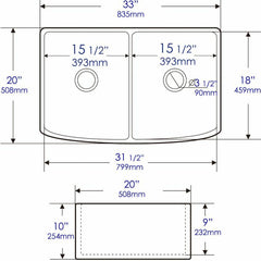 ALFI 33" x 20" White Smooth Curved Apron  Double Bowl Fireclay Farm Sink with Grid - ABFC3320D-W