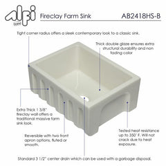 ALFI 24" Reversible Smooth / Fluted Single Bowl Fireclay Farm Sink - AB2418HS - The Home Selection