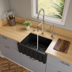 ALFI 24" Reversible Smooth / Fluted Single Bowl Fireclay Farm Sink - AB2418HS - The Home Selection
