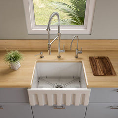 ALFI 24" Reversible Smooth / Fluted Single Bowl Fireclay Farm Sink - AB2418HS - The Home Selection