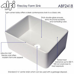 ALFI 24" x 18" Smooth Apron Single Bowl Fireclay Farm Sink - ABF2418 - The Home Selection