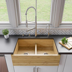 ALFI 33'' Double Bowl Apron Front Farm Bamboo Kitchen Sink - AB3321 - The Home Selection
