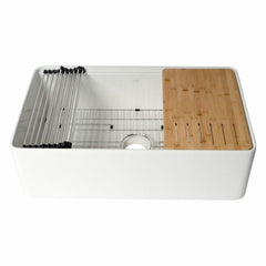 ALFI 33" White Smooth Apron Workstation Step Rim Fireclay Farm Sink with Accessories - ABFS3320S-W - The Home Selection
