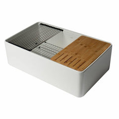 ALFI 33" White Smooth Apron Workstation Step Rim Fireclay Farm Sink with Accessories - ABFS3320S-W - The Home Selection