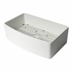 ALFI 33" White Smooth Curved Apron 33" x 20" Single Bowl Fireclay Farm Sink with Grid - ABFC3320S-W - The Home Selection