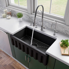 ALFI 33" x 18" Reversible Fluted / Smooth Fireclay Farm Sink - AB3318HS - The Home Selection