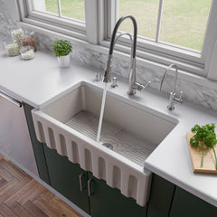 ALFI 33" x 18" Reversible Fluted / Smooth Fireclay Farm Sink - AB3318HS - The Home Selection