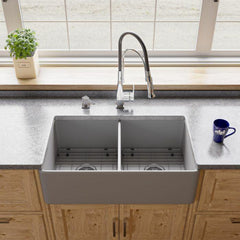 ALFI 33" x 18" Smooth Apron Double Bowl Fireclay Farm Sink - ABF3318D - The Home Selection