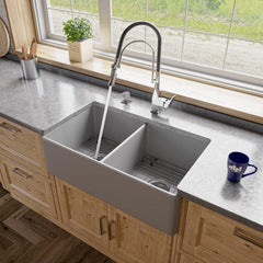 ALFI 33" x 18" Smooth Apron Double Bowl Fireclay Farm Sink - ABF3318D - The Home Selection