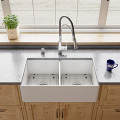 ALFI 33" x 18" Smooth Apron Double Bowl Fireclay Farm Sink - ABF3318D - The Home Selection