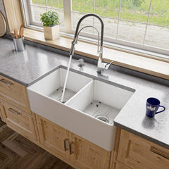 ALFI 33" x 18" Smooth Apron Double Bowl Fireclay Farm Sink - ABF3318D - The Home Selection