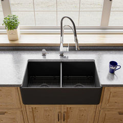 ALFI 33" x 18" Smooth Apron Double Bowl Fireclay Farm Sink - ABF3318D - The Home Selection