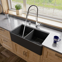 ALFI 33" x 18" Smooth Apron Double Bowl Fireclay Farm Sink - ABF3318D - The Home Selection