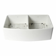ALFI 33" x 20" White Smooth Curved Apron Double Bowl Fireclay Farm Sink with Grid - ABFC3320D-W - The Home Selection