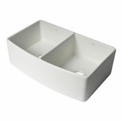 ALFI 33" x 20" White Smooth Curved Apron Double Bowl Fireclay Farm Sink with Grid - ABFC3320D-W - The Home Selection