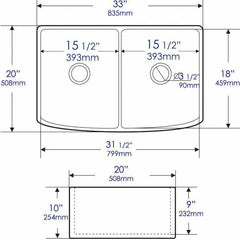 ALFI 33" x 20" White Smooth Curved Apron Double Bowl Fireclay Farm Sink with Grid - ABFC3320D-W - The Home Selection