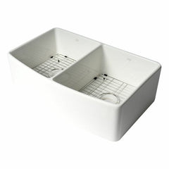 ALFI 33" x 20" White Smooth Curved Apron Double Bowl Fireclay Farm Sink with Grid - ABFC3320D-W - The Home Selection