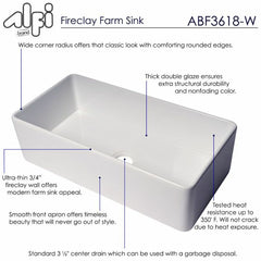 ALFI 36" x 18" Smooth Apron Single Bowl Fireclay Farm Sink - ABF3618 - The Home Selection