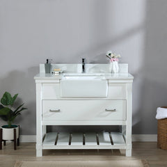 Altair Georgia 42" Single Bathroom Vanity Set in White and Composite Carrara White Stone Top with White Farmhouse Basin - The Home Selection