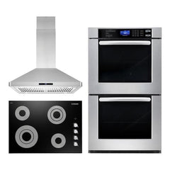 Cosmo 3 Piece Kitchen Package With 30" Electric Cooktop 30" Island Range Hood 30" Double Electric Wall Oven - The Home Selection