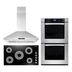 Cosmo 3 Piece Kitchen Package With 36" Electric Cooktop 36" Island Range Hood 30" Double Electric Wall Oven - The Home Selection