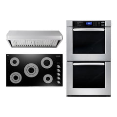 Cosmo 3 Piece Kitchen Package With 36" Electric Cooktop 36" Under Cabinet Range Hood 30" Double Electric Wall Oven - The Home Selection