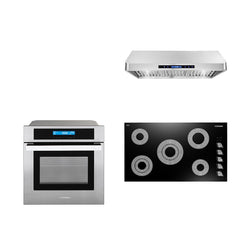 Cosmo 3 Piece Kitchen Package With 36" Electric Cooktop 36" Under Cabinet Range Hood 30" Single Electric Wall Oven - The Home Selection