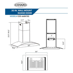 Cosmo 30" 380 CFM Ductless Wall Mount Glass Canopy Range Hood with Push Button Controls Range Hood with Carbon Filters and LED Lighting - COS-668A750-DL - The Home Selection