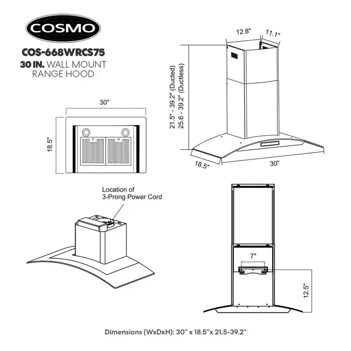 Cosmo 30" 380 Cubic Feet Per Minute CFM Convertible Wall Mount Range Hood in Stainless Steel with Charcoal Filter and Light Included - COS-668WRCS75-DL - The Home Selection
