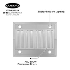 Cosmo 30" Ductless Island Range Hood Kitchen Hood with LED Lighting and Permanent Filters in Stainless Steel - COS-63ISS75-DL - The Home Selection