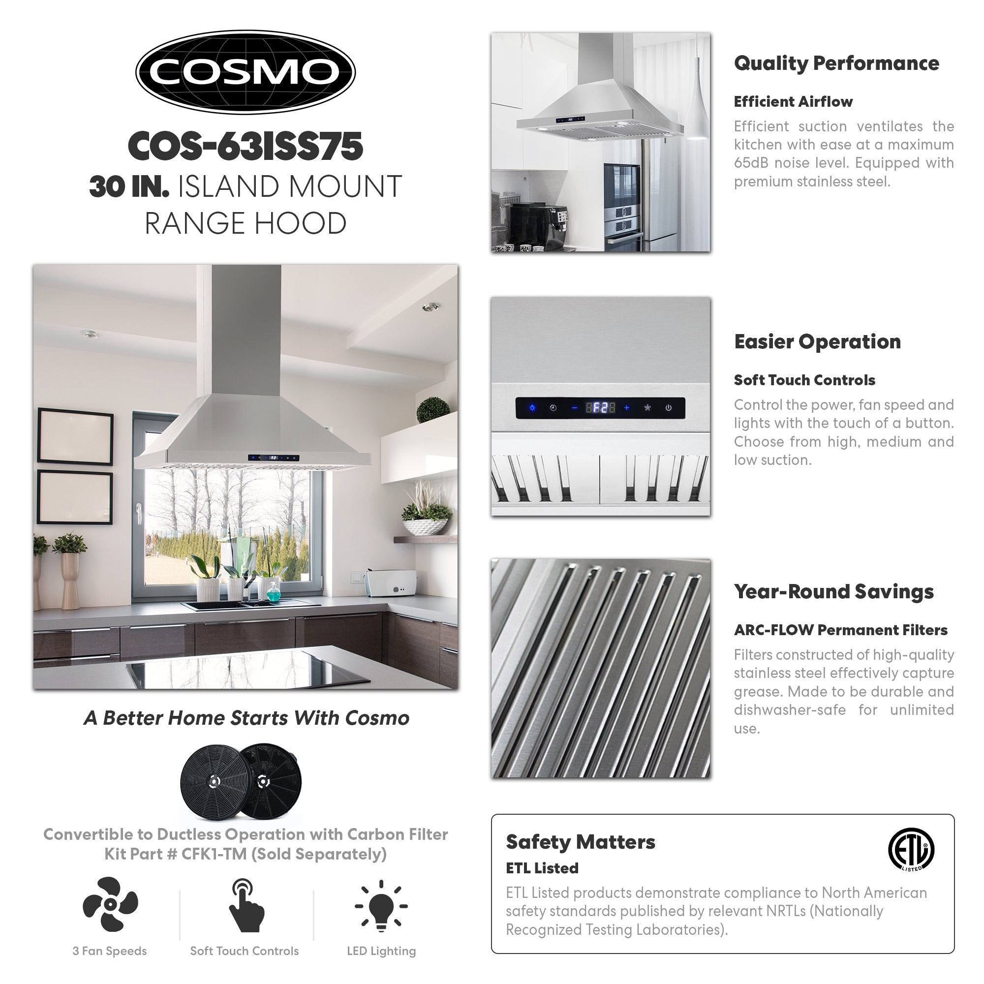 Cosmo 30" Ductless Island Range Hood Kitchen Hood with LED Lighting and Permanent Filters in Stainless Steel - COS-63ISS75-DL - The Home Selection