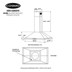 Cosmo 30" Ductless Island Range Hood Kitchen Hood with LED Lighting and Permanent Filters in Stainless Steel - COS-63ISS75-DL - The Home Selection