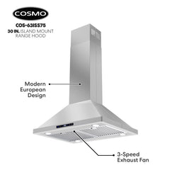 Cosmo 30" Ductless Island Range Hood Kitchen Hood with LED Lighting and Permanent Filters in Stainless Steel - COS-63ISS75-DL - The Home Selection