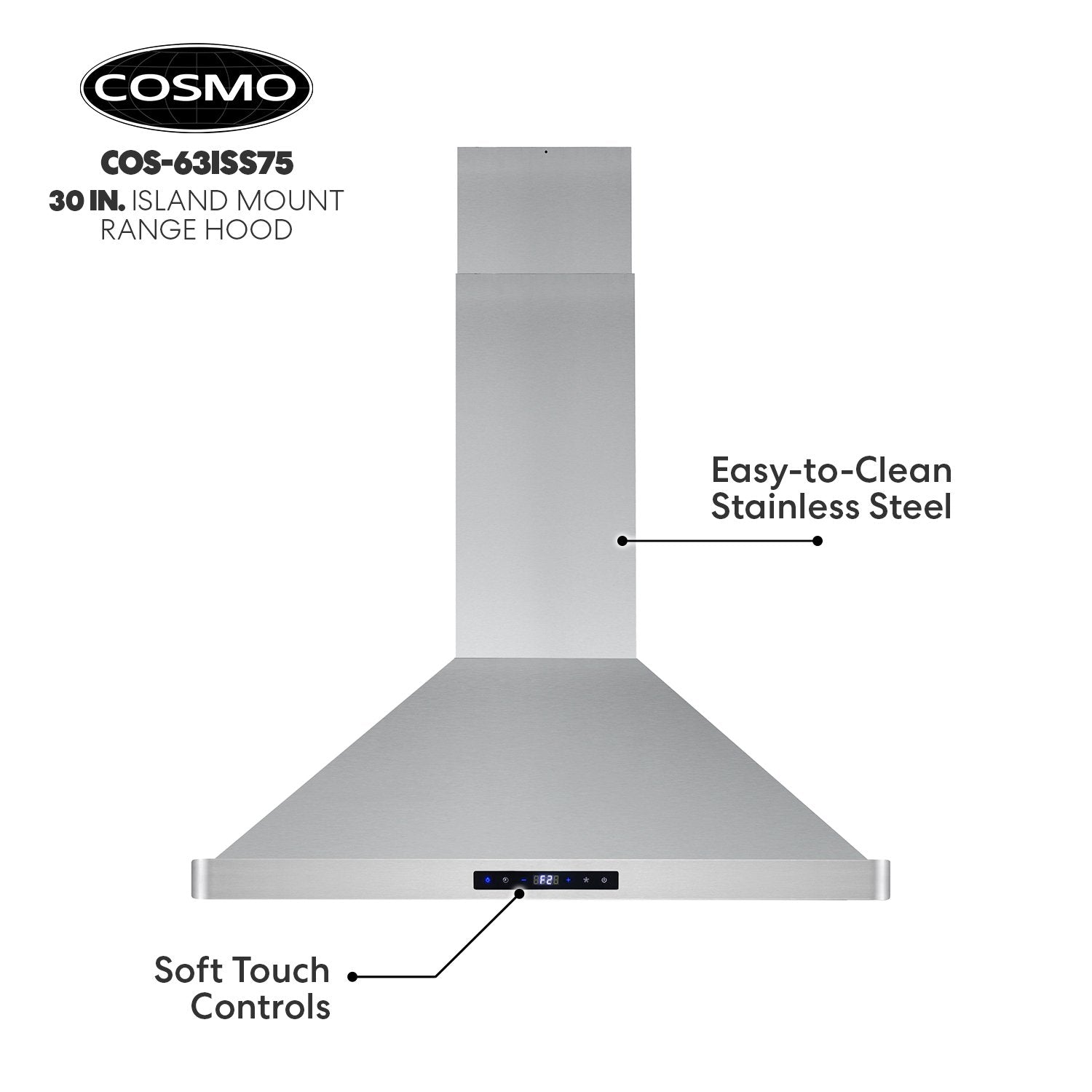 Cosmo 30" Ductless Island Range Hood Kitchen Hood with LED Lighting and Permanent Filters in Stainless Steel - COS-63ISS75-DL - The Home Selection