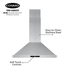 Cosmo 30" Ductless Island Range Hood Kitchen Hood with LED Lighting and Permanent Filters in Stainless Steel - COS-63ISS75-DL - The Home Selection