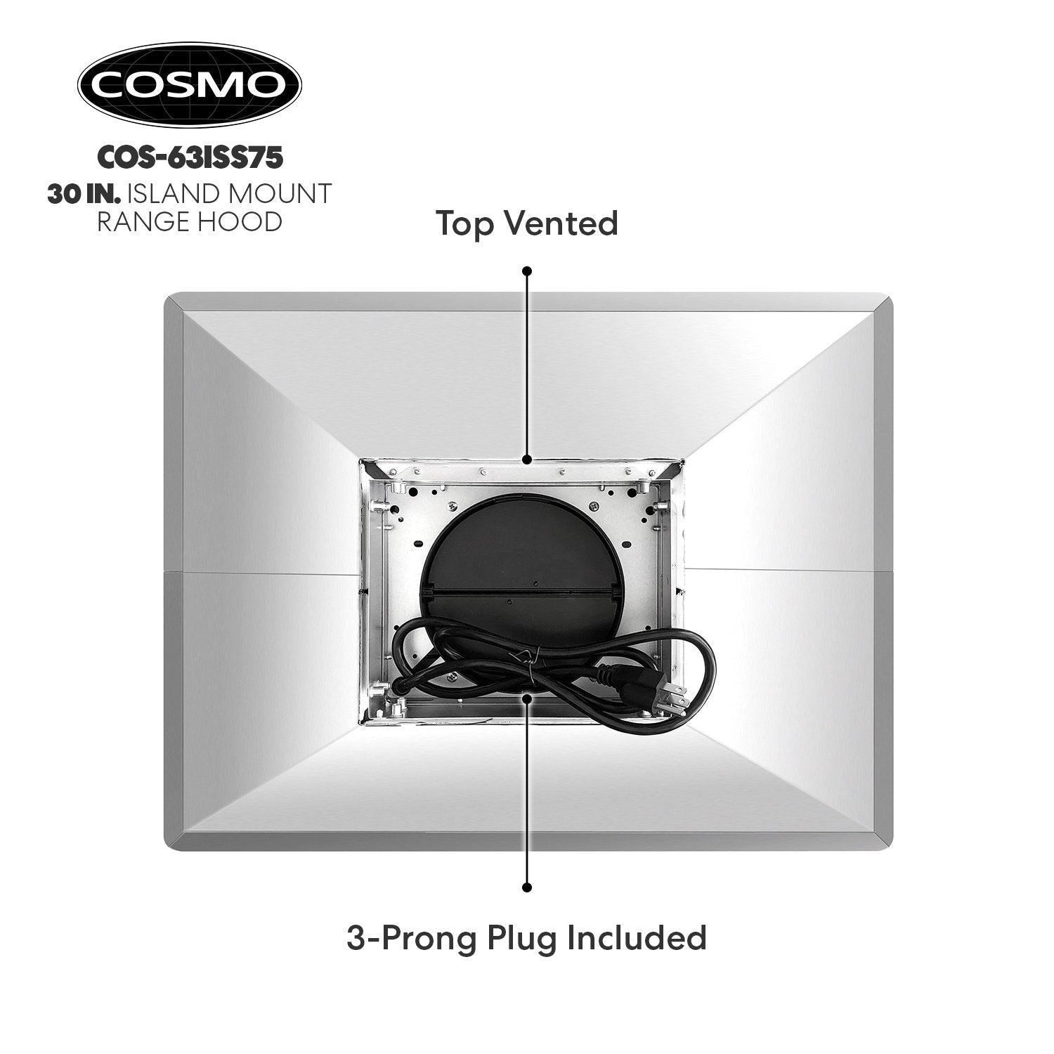 Cosmo 30" Ductless Island Range Hood Kitchen Hood with LED Lighting and Permanent Filters in Stainless Steel - COS-63ISS75-DL - The Home Selection