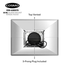 Cosmo 30" Ductless Island Range Hood Kitchen Hood with LED Lighting and Permanent Filters in Stainless Steel - COS-63ISS75-DL - The Home Selection